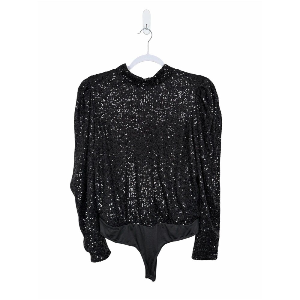 NWT Rachel Zoe Sequin Bodysuit Black Long Sleeve Party Top Glam Evening Blouse